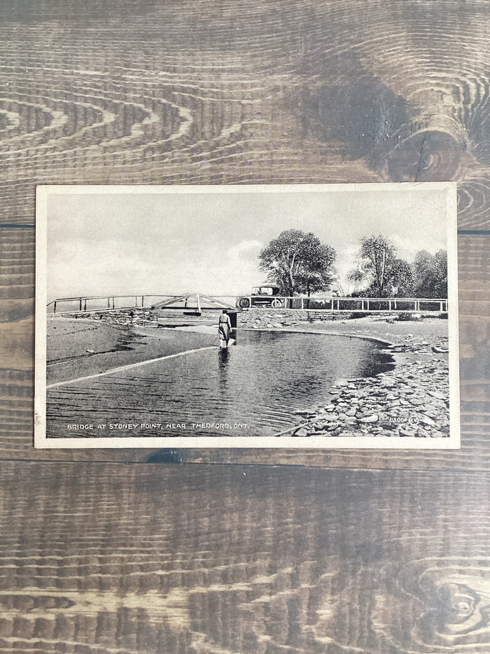 1910s Black & White Postcard Bridge At Stoney Point Thedford Ontario Touring Car